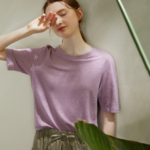 เสื้อยืดผู้หญิงทรงปกติ คอกลม แขนสั้น สีพื้น ผ้าฝ้าย ระบายอากาศดี สไตล์ลำลอง สำหรับฤดูใบไม้ผลิและฤดูร้อน - Product Image 5