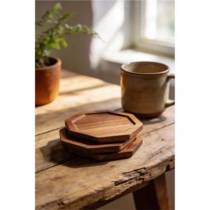 Modern Handmade Walnut Wood Coaster Set with Storage Holder Premium Round Wooden Drink Coasters for <b>Table</b> Durable Home Decor - Product Image 2