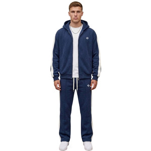 Wholesale Boxy Fit Blue Sports Jogging Blank <b>Hoodies</b> Sets Full Zip Side Panel 100% Cotton 450 GSM Fleece Athletic Sweats Suit - Product Image 1