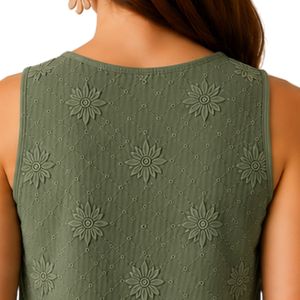 Olive Green Floral Embroidered Crop Tank <b>Top</b> <b>Women</b> Sleeveless Cotton Summer <b>Vest</b> Custom Logo Casual Fashion Streetwear Short <b>Top</b> - Product Image 5