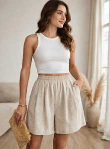 Beige High <b>Waist</b> <b>Elastic</b> Waistband Front Logo Breathable Pleated <b>Shorts</b> Solid Casual Loose Fit Summer <b>Shorts</b> for <b>Men</b> - Product Image 4