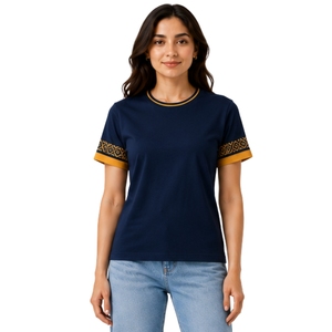 เสื้อยืดคอกลมผ้าฝ้ายสีน้ำเงินกรมท่าลายมัสตาร์ดสำหรับผู้หญิง แขนสั้น สไตล์ลำลอง รับผลิตตามสั่ง (OEM) คุณภาพพรีเมียม แฟชั่นฤดูร้อน - Product Image 1