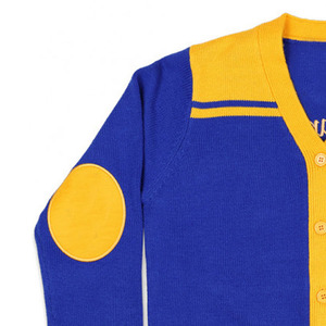 Cardigan pour femme, bleu et jaune, style preppy, col en V, manches longues, boutons sur le devant, poches, 100% acrylique, tricoté - Product Image 3