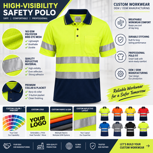 Polo de sécurité industriel personnalisé OEM ODM avec panneaux contrastants, bande réfléchissante, respirant, imperméable, en coton, haute visibilité - Product Image 2