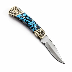 Couteau utilitaire pliant en acier inoxydable, manche turquoise, étui en cuir personnalisé, couteau de poche EDC, chasse, camping, qualité industrielle - Product Image 3