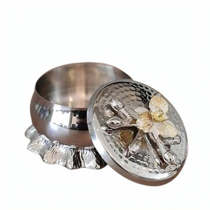 Shiny Polished Flower Shape Design <b>Lid</b> Aluminum Stainless Steel Metal <b>Decorative</b> Bowl Hammered Texture Bowl - Product Image 1