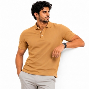 Polo en piqué de coton pour homme, manches courtes, couleur unie, respirant, décontracté, tricoté, coupe classique, jaune moutarde - Product Image 2