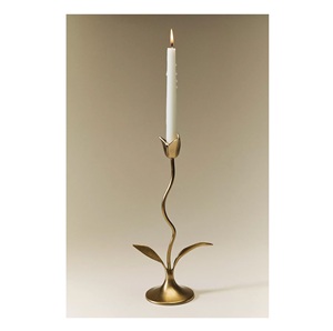 Vintage Tulip Top <b>Brass</b> Taper <b>Candlestick</b> Holder Tall Wavy Flower Stem Gold Candle Stand, Elegant Botanical Pedestal Base - Product Image 2