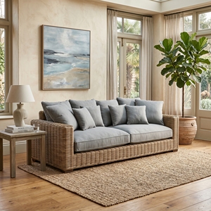 Sofá Saint Martinez de Madera de Caoba con Tejido de Ratán Kuboo Gris y Tela Gris, Sofás de Gran Tamaño, Muebles de Patio de Primera Calidad - Product Image 4