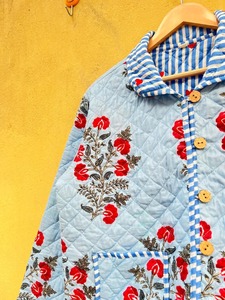 Veste matelassée réversible bleu clair à motifs floraux avec bordure rayée, col rabattu, manches longues, en coton, pour femme, manteau de printemps - Product Image 5
