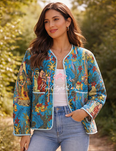 Chaqueta de punto floral reversible corta acolchada de algodón azul turquesa hecha a mano de primera calidad para mujer con estampado a mano - Product Image 4