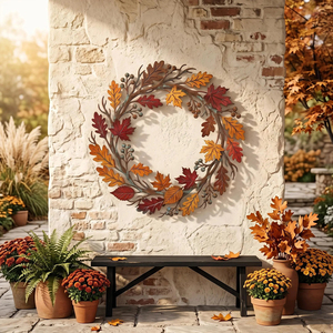 Rustic Metal Autumn Wreath Crafted With Oak Leaves, Twigs, And Acorns, Festive Thanksgiving Harvest <b>Front</b> <b>Door</b> Home <b>Decoration</b> - Product Image 2