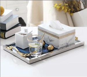 Plateau de service rectangulaire long en métal à motif agate bleue, avec cadre doré et design corde, idéal pour le Ramadan et les mariages, passe au lave-vaisselle - Product Image 5