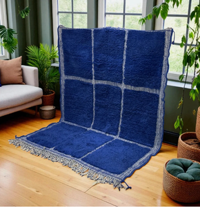 Alfombra marroquí anudada a mano, azul persa y blanca, de lana ecológica, antideslizante, de pelo medio, con diseño de pelo alto para sala de estar - Product Image 2