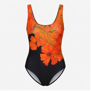 Traje de baño de una pieza con estampado floral para mujer, cuello redondo, cintura alta, elástico, estampado digital en naranja y negro - Product Image 1