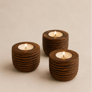 Handcrafted Ribbed Sheesham Wood <b>Tea</b> <b>Light</b> Candle Holder Set For Home Decor Decorative Round Wooden Votive Stand For Festive - Product Image 5