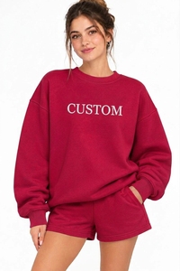 เสื้อสเวตเชิ้ตคอกลมแบบเรียบ OEM ODM สำหรับผู้หญิง เสื้อสเวตเชิ้ตโอเวอร์ไซส์ สไตล์อเมริกันสตรีทเทรนด์ เสื้อพูลโอเวอร์ลำลองแบบเรียบ ชุดสองชิ้น - Product Image 5