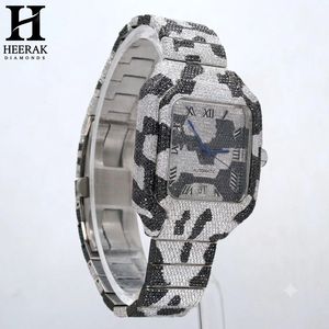 Reloj de pulsera cuadrado estilo Santos con diamantes en blanco y negro y patrón de camuflaje Iced Out para hombre, reloj personalizado estilo Hip Hop Bust Down - Product Image 5