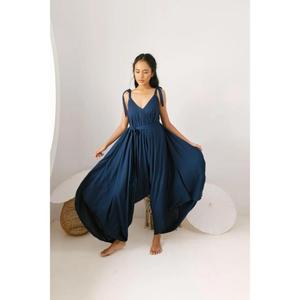 Women Navy Blue Maxi Jumpsuit Sleeveless Boho Wide Leg Romper Elegant Loose Fit Summer Outfit - Product Image 1