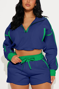 Women Plus Size Blue Green Contrast Tracksuit Set Casual Quarter-<b>Zip</b> Crop Top Shorts Loose Fit Summer Wear - Product Image 3