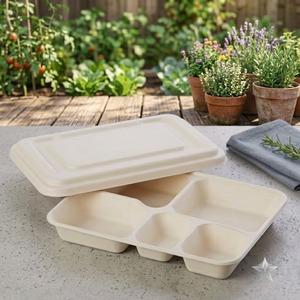 Barquette jetable à 5 compartiments en fibre de pulpe de canne à sucre avec couvercle, blanche - Product Image 4