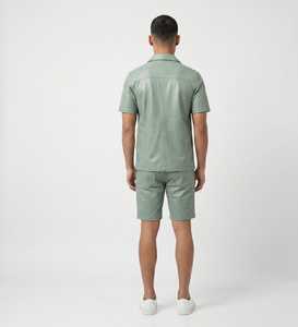 Women's Solid Green <b>Short</b> <b>Sleeve</b> <b>Button</b>-<b>Up</b> Collar Casual Tracksuit Breathable 100% Cotton Autumn Wear Skinny Fit Customizable - Product Image 6