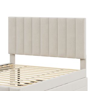 Letto matrimoniale imbottito in tessuto di lino beige con letto estraibile singolo e 3 cassetti - Mobili imbottiti - Product Image 6
