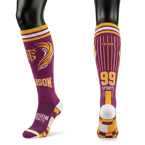 Premium Breathable <b>Polyester</b> Cotton Blend Women Baseball <b>Socks</b> Brown Gold Striped Panel Design Custom Jacquard Logo men <b>socks</b> - Product Image 5
