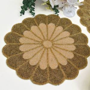 Handmade Knitted Floral Beaded <b>Placemat</b> Beaded Charger Beaded Table Mat <b>Gold</b> Centrepiece Eco-Friendly Home Hotel Gift for Her - Product Image 2
