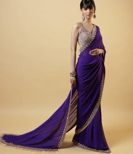 Sari de fête indien brodé style Bollywood en rayonne et georgette – Infroissable et séchage rapide - Product Image 3