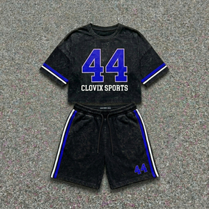 CLOVIX SPORTS Custom Logo Men Summer Acid Wash Short Set Cotton T <b>Shirt</b> And Shorts Two Piece Casual Outfit Wholesale - Product Image 4