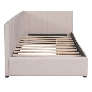 Divano letto imbottito in tessuto di lino beige con 2 cassetti contenitore, struttura letto singolo, non necessita di rete a molle - Product Image 5
