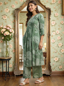 Conjunto de Kurta de Algodón con Estampado de Hojas Verdes para Mujer, Corte Regular, Largo hasta la Rodilla, Ropa Casual Estilo India Pakistán, Tradicional, de Secado Rápido, para Primavera - Product Image 4
