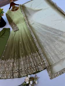 Robe Anarkali en Georgette brodée vert sauge pour femme, longueur normale, robe de mariage traditionnelle avec dupatta, séchage rapide - Product Image 4