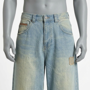 <b>Men's</b> High Waist <b>Wide</b> <b>Leg</b> Bleach Wash Denim <b>Jeans</b> With Embroidery Loose Fit Streetwear Style Summer Cotton Pants - Product Image 5