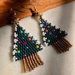 Handmade Beaded Christmas <b>Tree</b> Dangle Earrings for Women Festive Holiday Jewelry, Lightweight Statement Earrings - Product Image 1