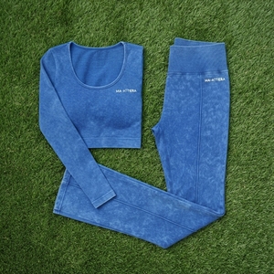 <b>Women</b> Blue Acid Wash Yoga Set Long Sleeve <b>Crop</b> Top High Waist Flare <b>Leggings</b> Gym Fitness Workout Activewear - Product Image 6