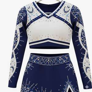 Uniforme de cheerleading pour femmes, jupe trapèze épaisse avec fentes latérales, ornée de strass thermocollés et de perles, personnalisable - Product Image 2