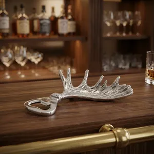 Abridor de Botellas de Metal Decorativo con Diseño de Cuerno de Ciervo Rústico, Estilo Antiguo Plateado, Accesorio de Bar para Cocina y Comedor - Product Image 6