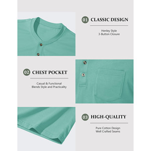 Camisetas de hombre de manga corta, tipo Henley, de color sólido, algodón, corte regular informal, con bolsillo en el pecho, color verde menta, camisetas para hombre - Product Image 2