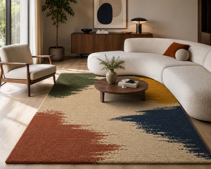 Tapis en laine tufté à la main sur mesure OEM, motif abstrait multicolore terre cuite et bleu marine, pour salon, fabriqué en Inde - Product Image 4