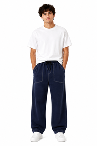 Mens <b>Wide</b> <b>Leg</b> Jogger Pants Casual <b>Navy</b> <b>Blue</b> <b>Trousers</b> with Contrast Stitching Comfortable Relaxed Fit Bottom Wear Elastic Waist - Product Image 2