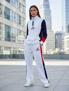 <b>Women's</b> <b>White</b> Color Block 2 in 1 Sporty Loose Fit Half Zip Top Full Length <b>Joggers</b> Tracksuit Set - Product Image 1