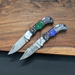 Handmade Industrial Grade Damascus Steel Folding Knife Set Green <b>Resin</b> Wood Handle Leather Sheath Fire Starter Outdoor EDC <b>Kit</b> - Product Image 5
