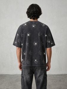 เสื้อยืดผู้ชายผ้าฝ้ายล้างทรงเทรนดี้ ลายดาวและพระจันทร์ประดับเพชรเทียม เสื้อยืดโอเวอร์ไซส์ สตรีทแวร์ ทรงหลวม สไตล์ฮิปฮอป เสื้อยืดลำลองใส่สบายสำหรับฤดูร้อน - Product Image 6