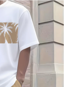 T-shirt d'été pour homme, blanc, imprimé voilier et palmiers, col rond, décontracté, respirant, tricoté, 100% coton, impression numérique, logo frontal - Product Image 6