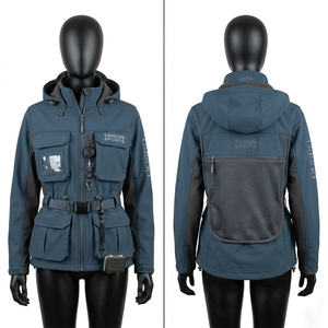 Chaqueta Softshell de Pesca para Mujer, 300GSM, Poliéster y Spandex, Resistente al Agua, Color Azul Marino y Marrón, Paneles en Contraste, Logotipo Bordado, Bolsillos Utilitarios - Product Image 3