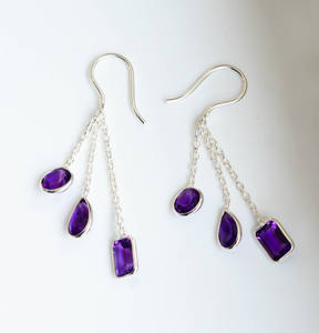 Boucles d'oreilles pendantes triple goutte en améthyste, pierre précieuse naturelle, argent sterling 925 - Product Image 4