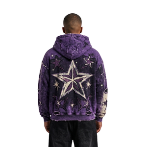 Abstract Marble Carded Cotton Fleece <b>Hoodie</b> Deep Violet Celestial Graphic Retro Dropped Armhole Pullover Tops Hoodies - Product Image 2