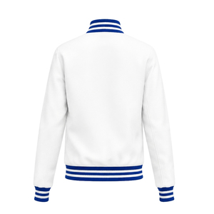 Custom <b>White</b> and Royal Blue Varsity Jacket with Striped Ribbed Collar Cuffs Hem Greek Letter Embroidery and Crest Logo Collegiat - Product Image 3